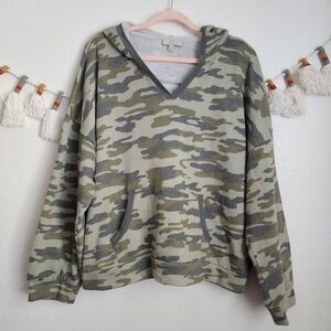 Lucky Brand Fleece Camo Vneck Pullover Raglan Sweater Green Casual Lounge XL